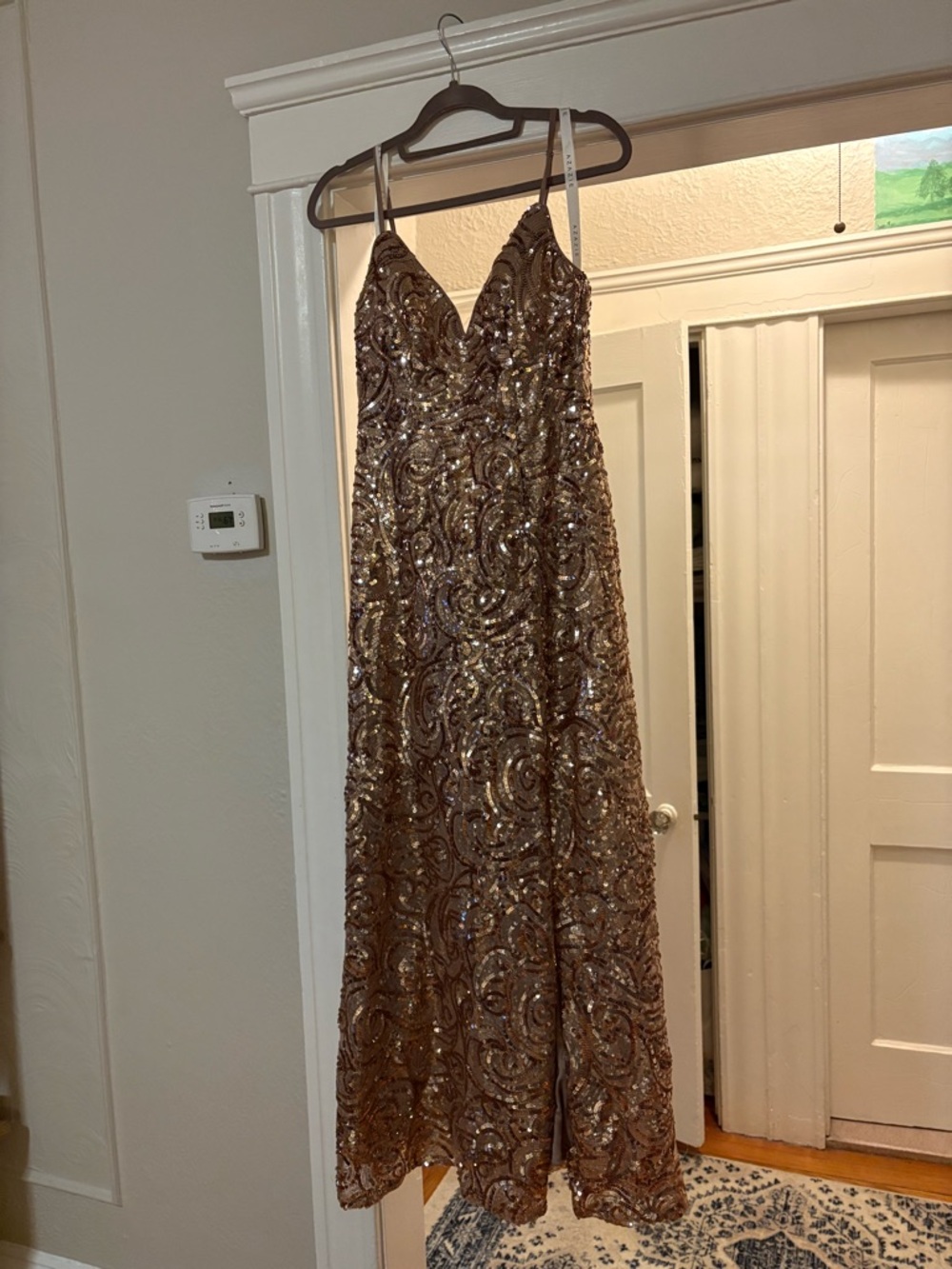 Azazie Nude Gold-Tone Sequin Gown